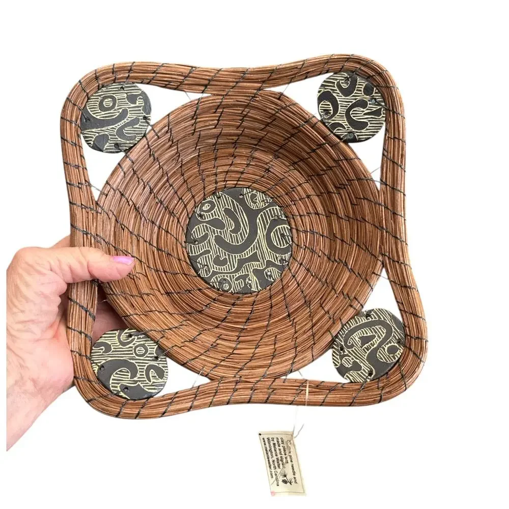 Vintage Handmade Pine needle and  Clay Basket Signed Melanie Walter
